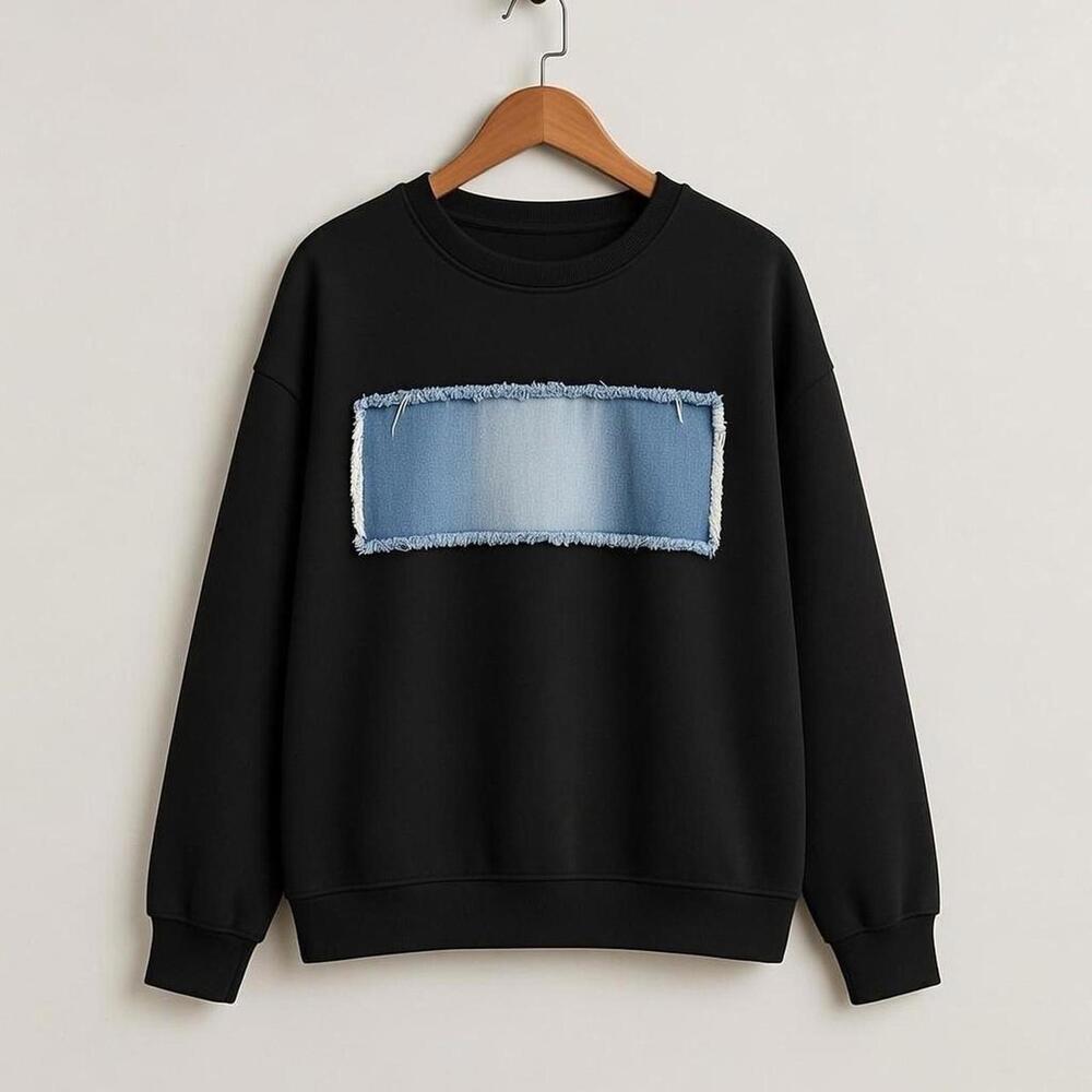 Black Oversized Sweatshirt w/ Blue Denim Patch